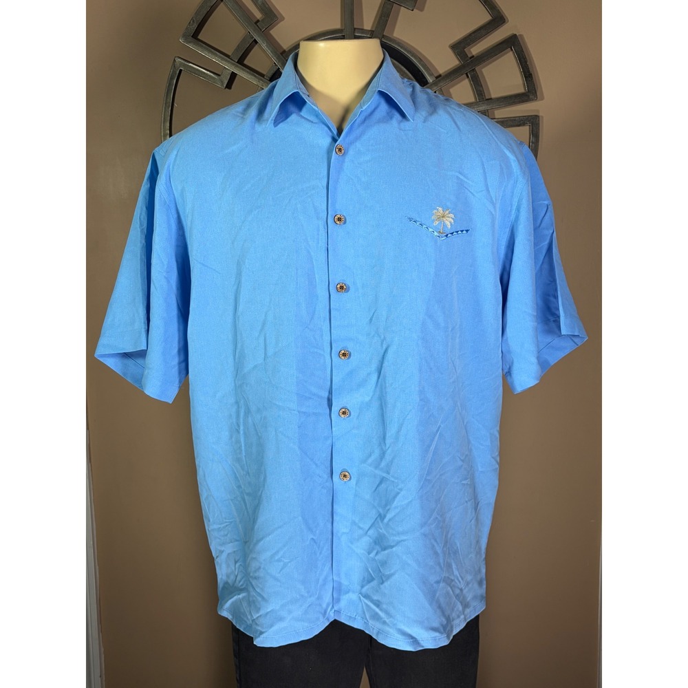 Bamboo Cay Mens Large Blue Palm Tree Embroidered Short Sleeve Button Down Shirt